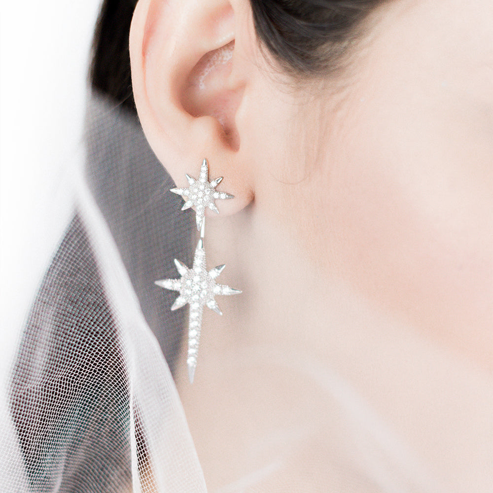 Aretes Largos Estrella Desmontables Plata Zirconia Blanca