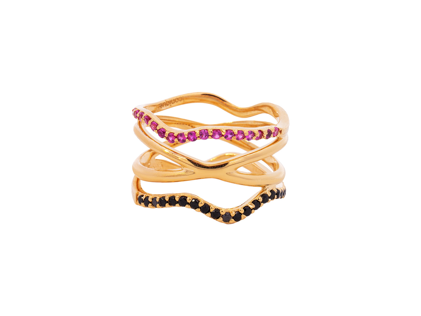 Anillo Ondulado doble Zirconia Rosa y Negro