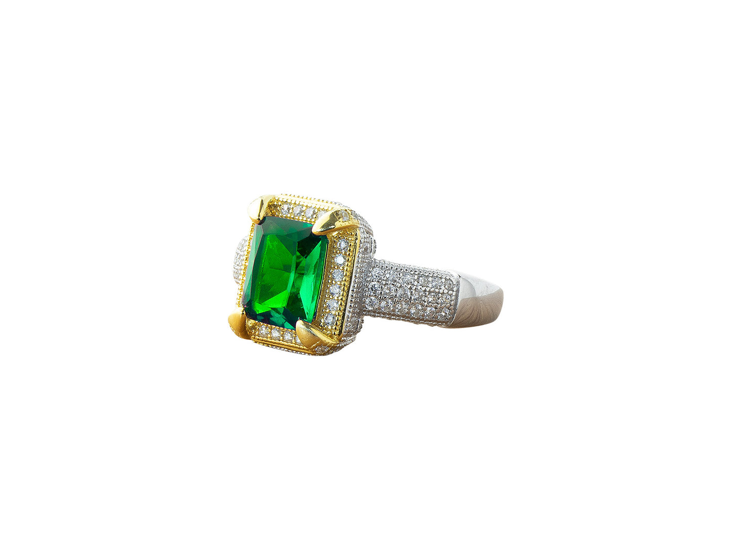 Anillo Plata Zirconia Verde Marco Dorado