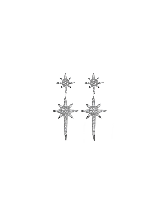 Aretes Largos Estrella Desmontables Plata Zirconia Blanca