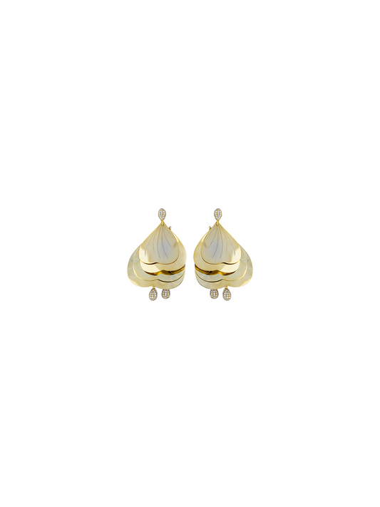 Aretes Pétalo Dorado Grandes Zirconia Blanca