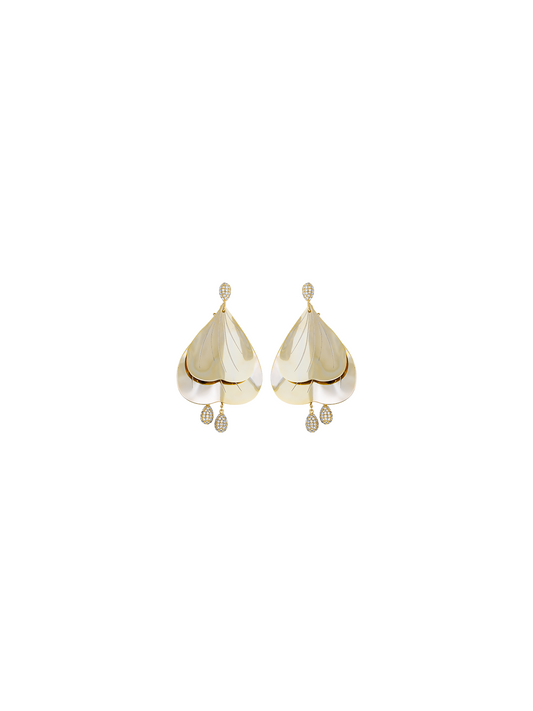 Aretes Pétalo Dorado Mediano Zirconia Blanca